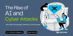 A human figure standing in front of a digital shield representing self-sovereign identity, protecting them from cyber attacks while malicious AI programs attempt to access their data.