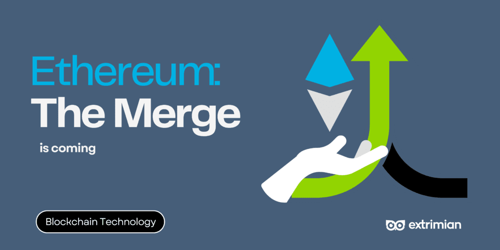 Two Ethereum logos merging together, representing the transition from Proof of Work to Proof of Stake.
