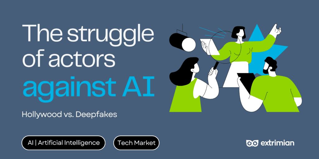 A powerful image depicting a human actor standing amidst a sea of digital avatars, symbolizing the struggle between human and AI in the acting world.