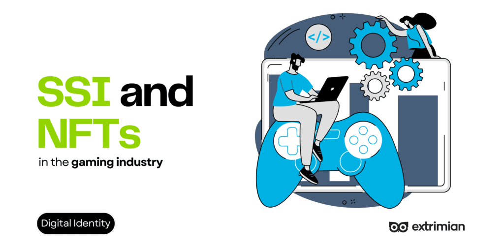 A gamer interacting with a virtual avatar holding an NFT, representing the merging of self-sovereign identity (SSI) and non-fungible tokens (NFTs) in the gaming industry.