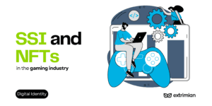 A gamer interacting with a virtual avatar holding an NFT, representing the merging of self-sovereign identity (SSI) and non-fungible tokens (NFTs) in the gaming industry.