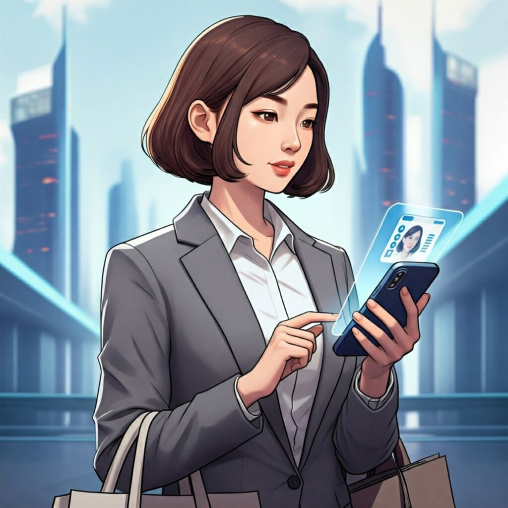 A young woman using her smartphone to access a decentralized digital identity wallet.